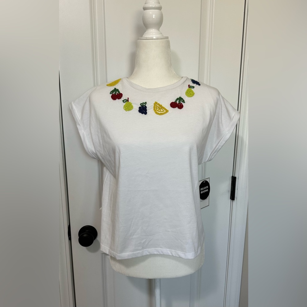CALLIGRAPHIE Short Sleeved Hand Beading Neckline Women’s Top Size- Small NWT